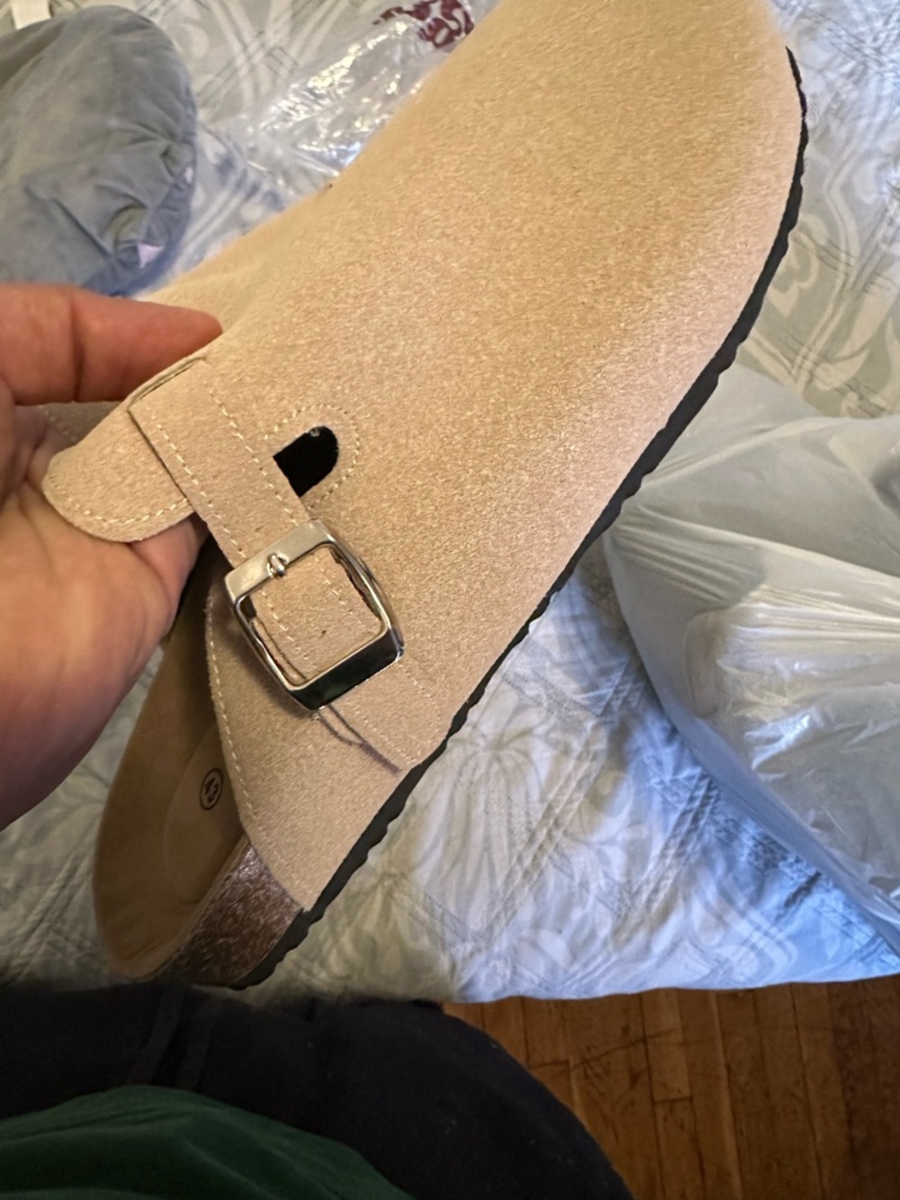 Suede Buckle Clog Slide in Beige - Picture 4 of 8